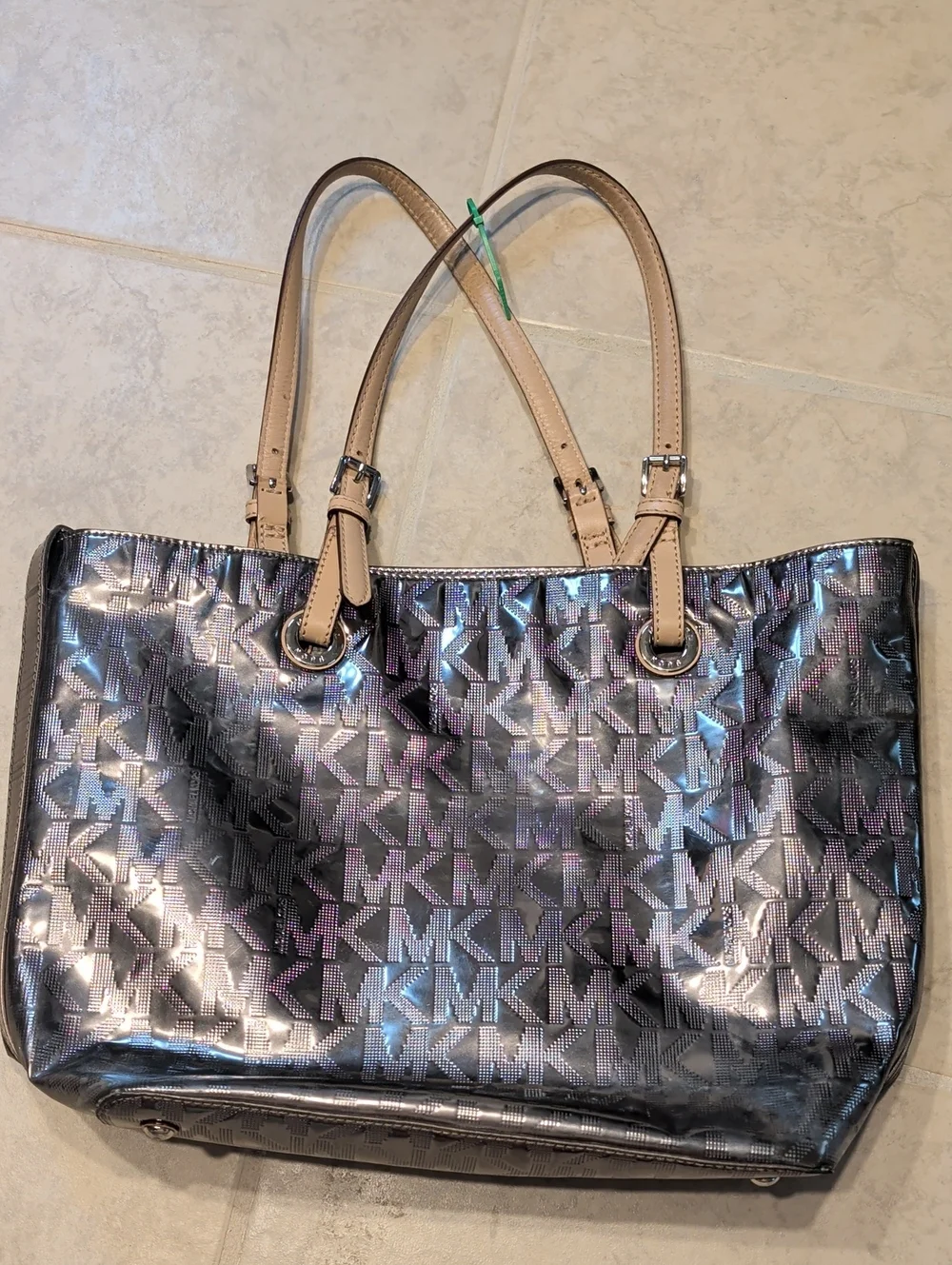 Michael Kors Jet Tote Logo Metallic Silver Tote